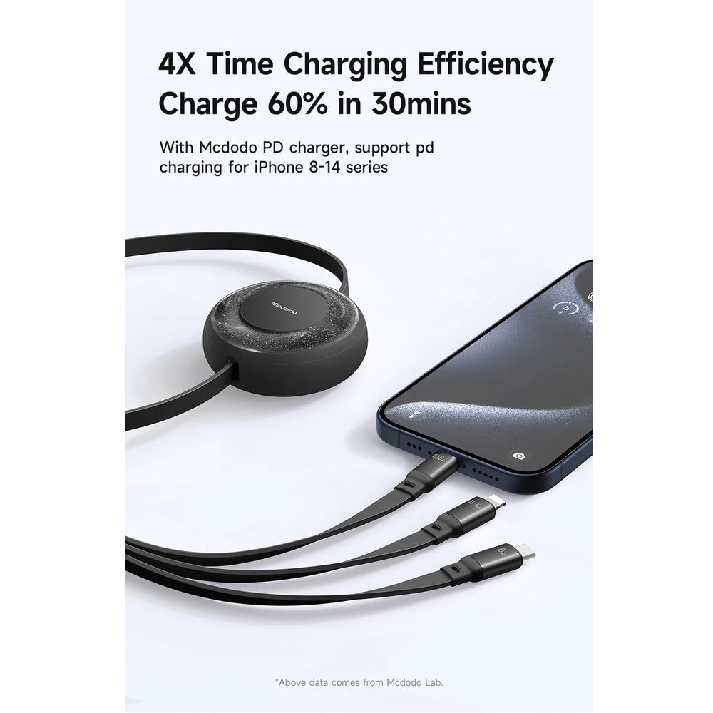 Cable mcdodo tipoc ca-5220 3 in 1 100w usb-c to lightning+micro+type-c super fast charging data cable 1.2m color negro
