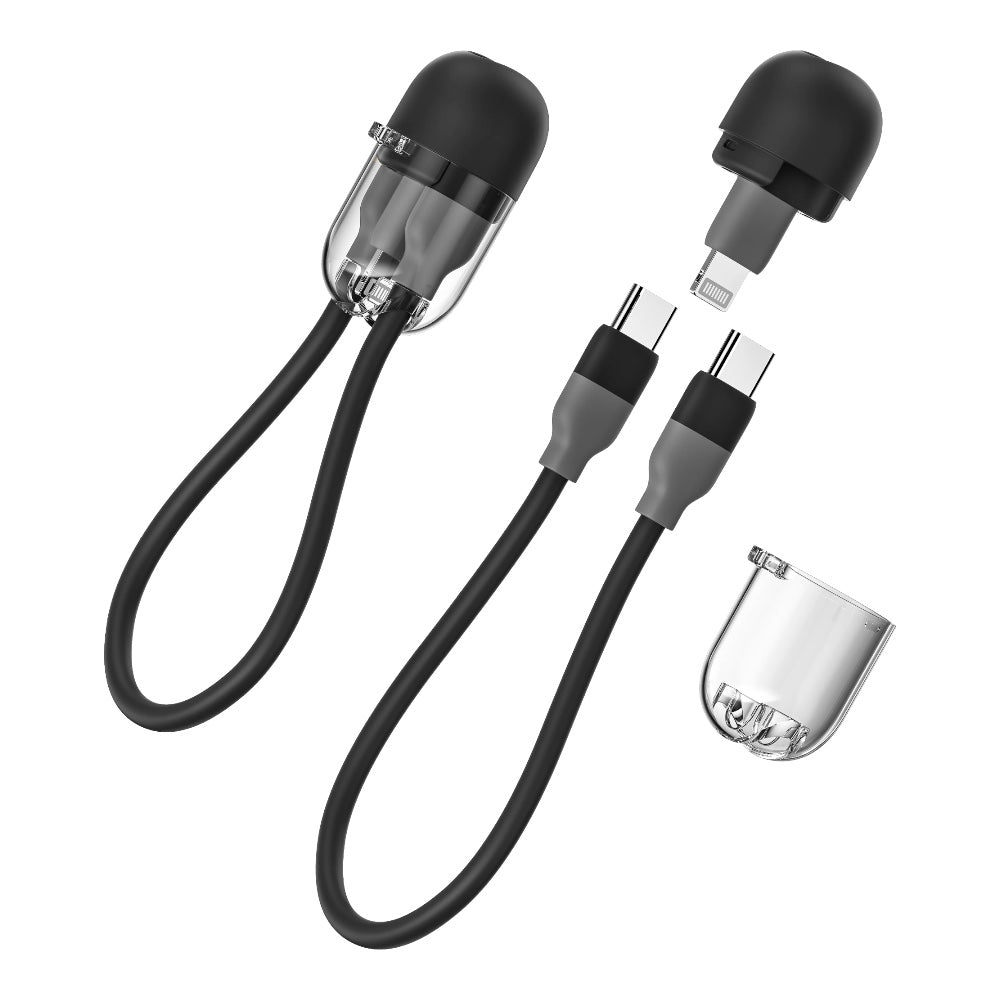 Cable sharge capsula 20w tipo c a tipo c y adaptador lightning color negro