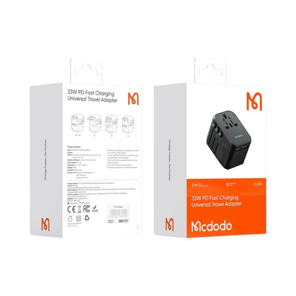 Cargador mcdodo cp-4290 pared de viaje universal de 33w 3 puertos carga rápida color negro