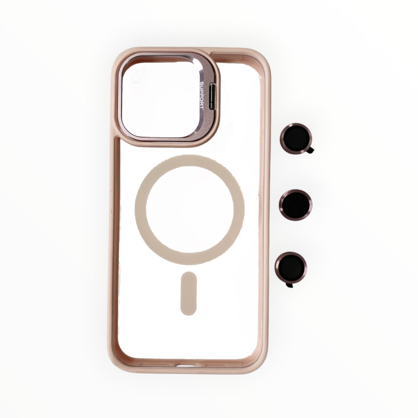 Estuche El Rey magsafe stand + vidrio templado de camara color rosado Iphone 15 pro max