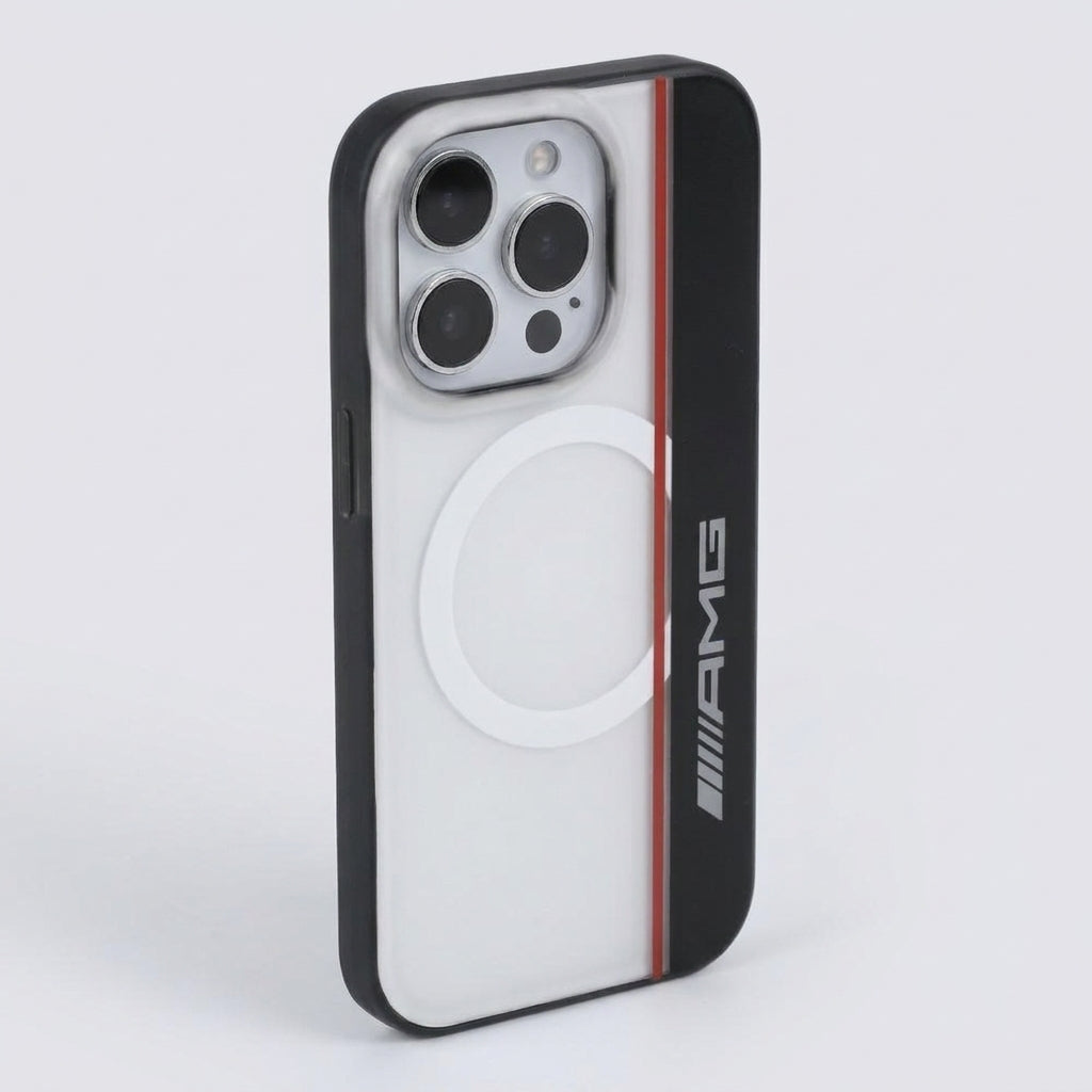 Estuche Amg Skin iPhone 16 Pro Max Amg MagSafe Case Double Layer Bow Lines White Color Blanco