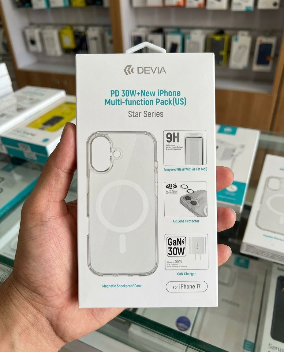 Star Series PD 30w+new iPhone Multi-function Pack(us) - Devia iPhone 17 Case + Lente de Cámara + Vidrio Templado + Cargador Pared
