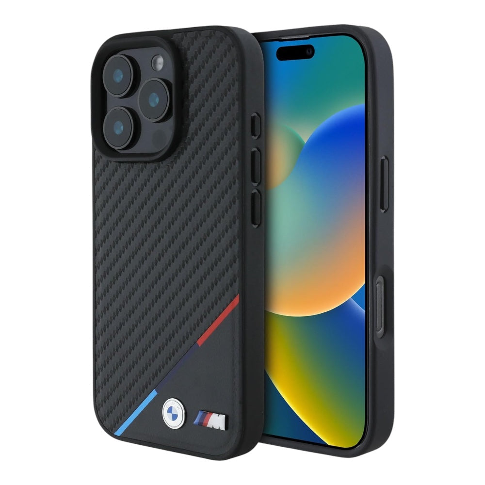 Estuche BMW Hc M MagSafe Carbon Tricolor Black para iPhone 16 Pro | TOP MOVIL Guatemala