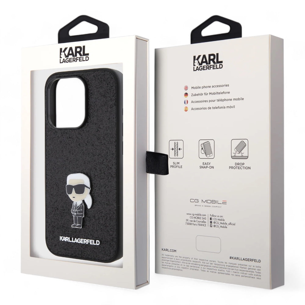 Estuche karl lagerfeld hard case iphone 15 pro - pc/tpu black hard case ikonik fixed glitter ikonik logo metal pin color negro