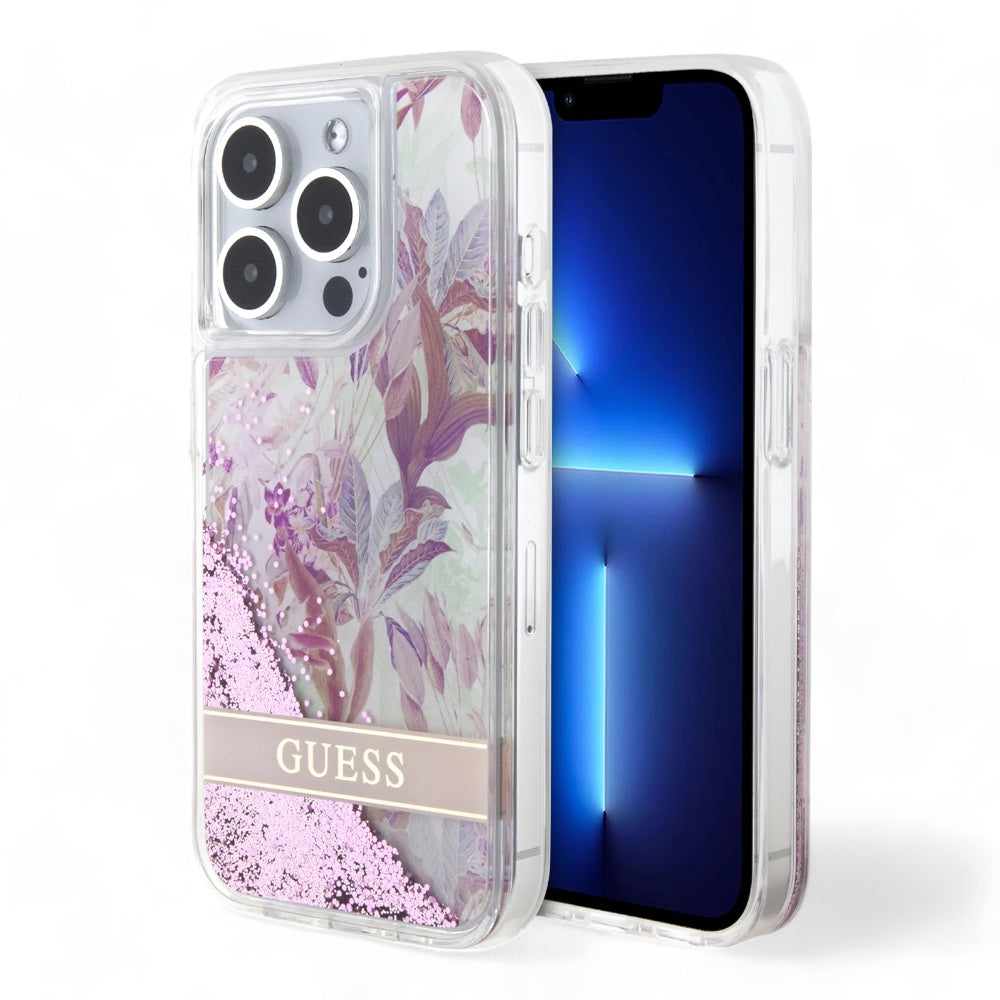 Estuche guess hard case iphone 15 pro pc/tpu pink hard case liquid glitter flower - guess color transparente