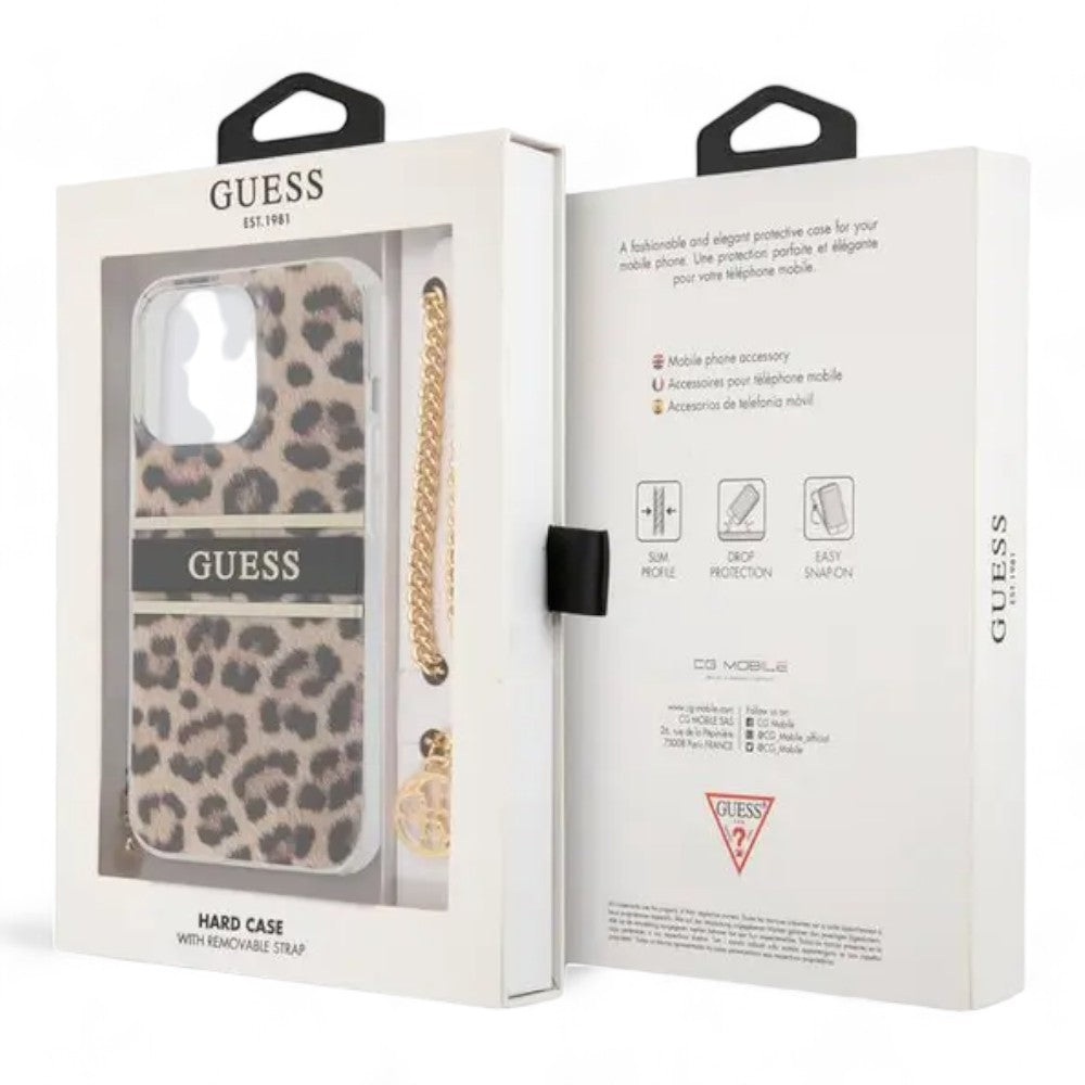 Estuche guess hard case iphone 13 pro hard case leopard print leopard print and stripe with charm chain color multicolor