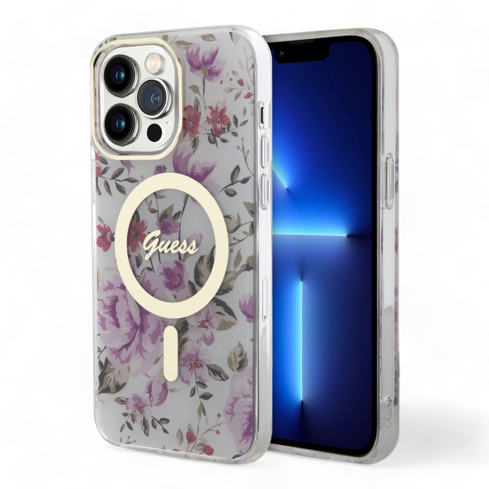 Estuche guess magsafe iphone 15 pro - pc/tpu purple hard case magsafe iml golden marble color morado
