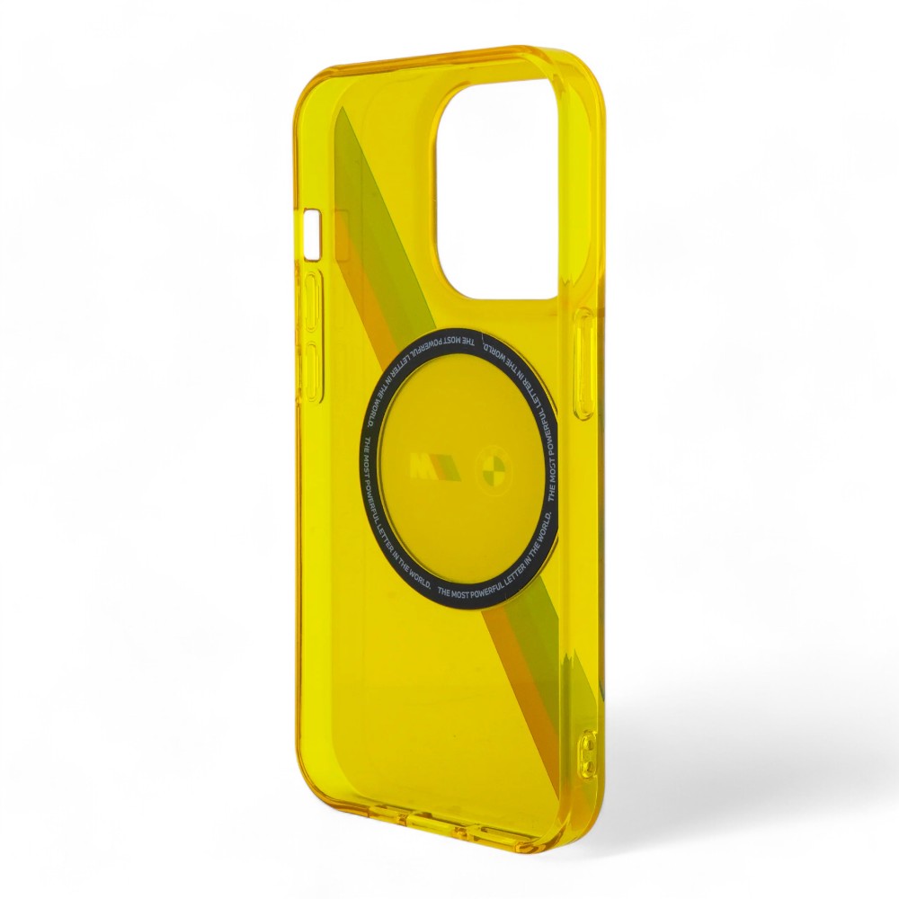 Estuche bmw magsafe iphone 15 pro pc/tpu yellow hard case magsafe m tricolor stripes color amarillo