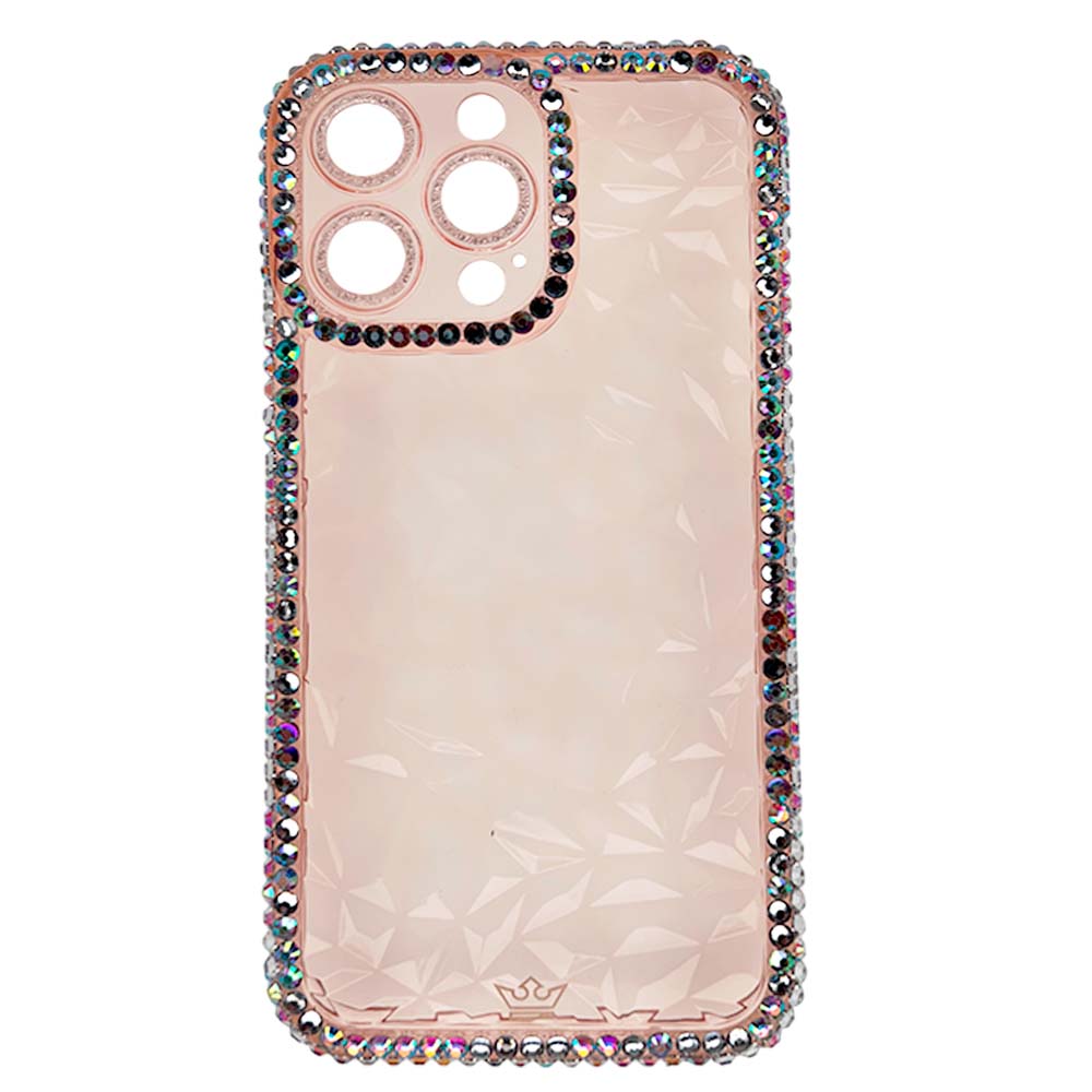 Estuche el rey marco iphone 13 pro max diamantes transparente color rosado