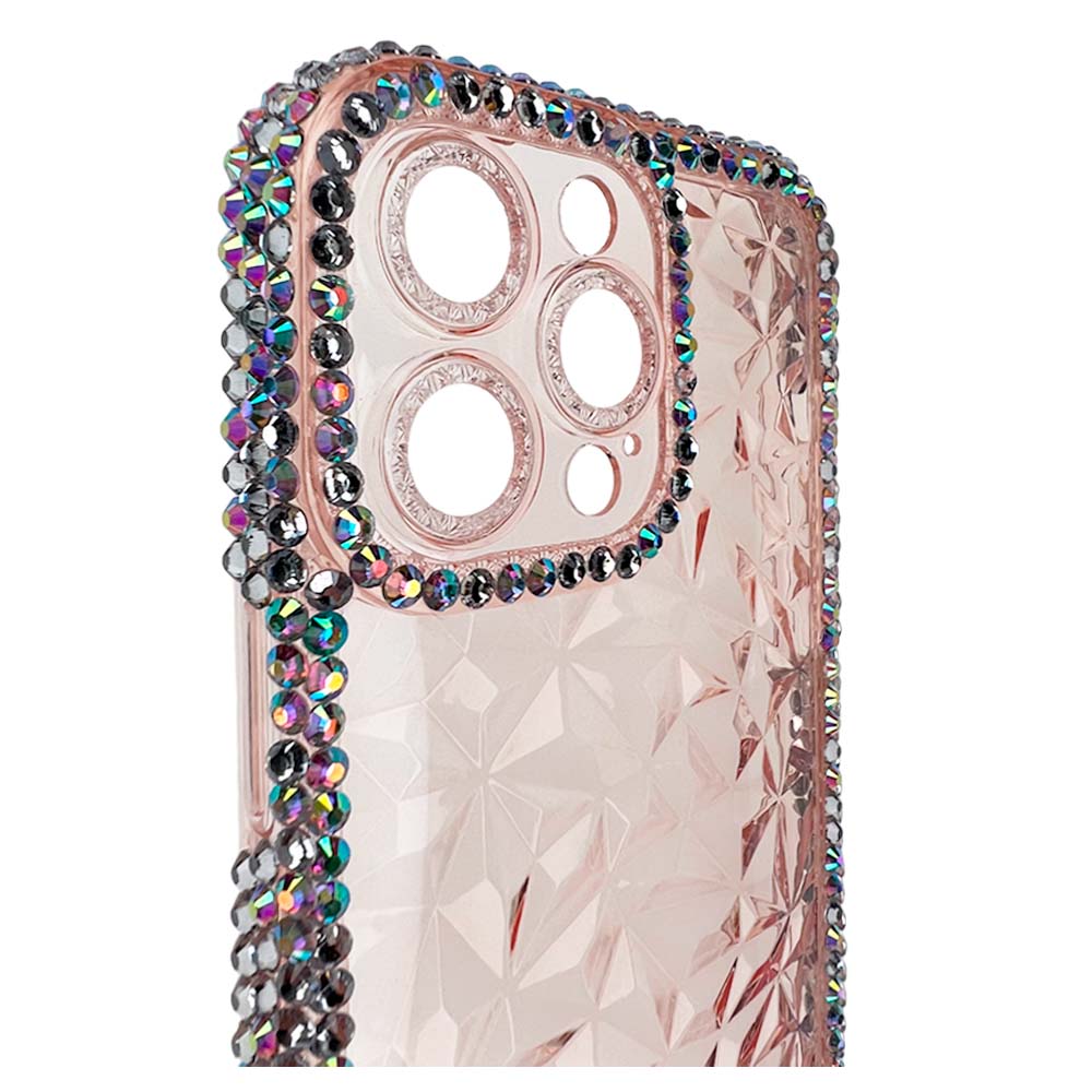 Estuche el rey marco iphone 13 pro max diamantes transparente color rosado
