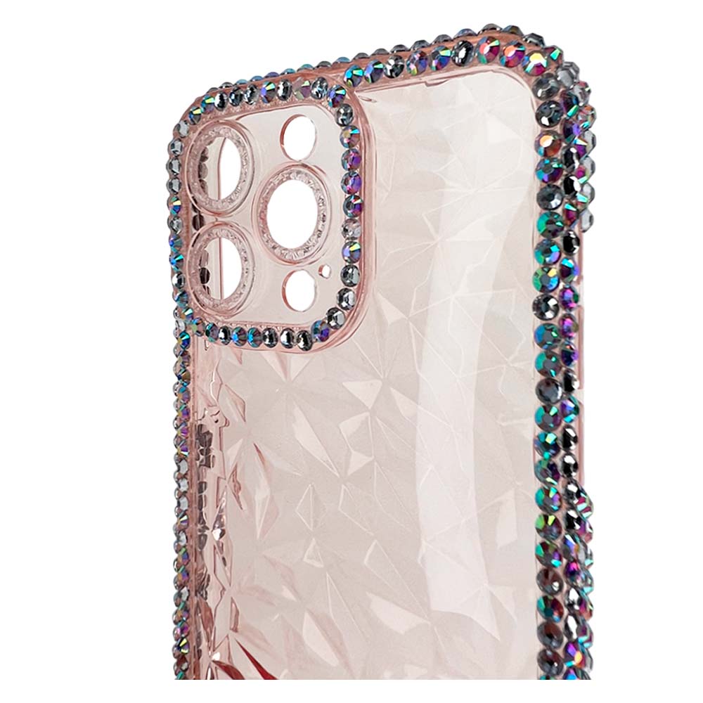 Estuche el rey marco iphone 13 pro max diamantes transparente color rosado