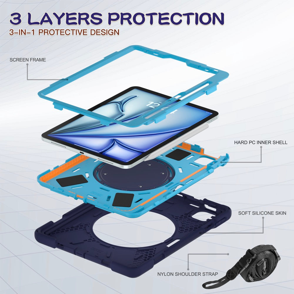 Estuche pirate b series modelo ipad air 11 2024 color azul marino / celeste con strap