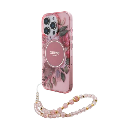 Estuche GUESS Hc MagSafe Iml Flowers con Strap de Perlas - Rosa - 0760000004