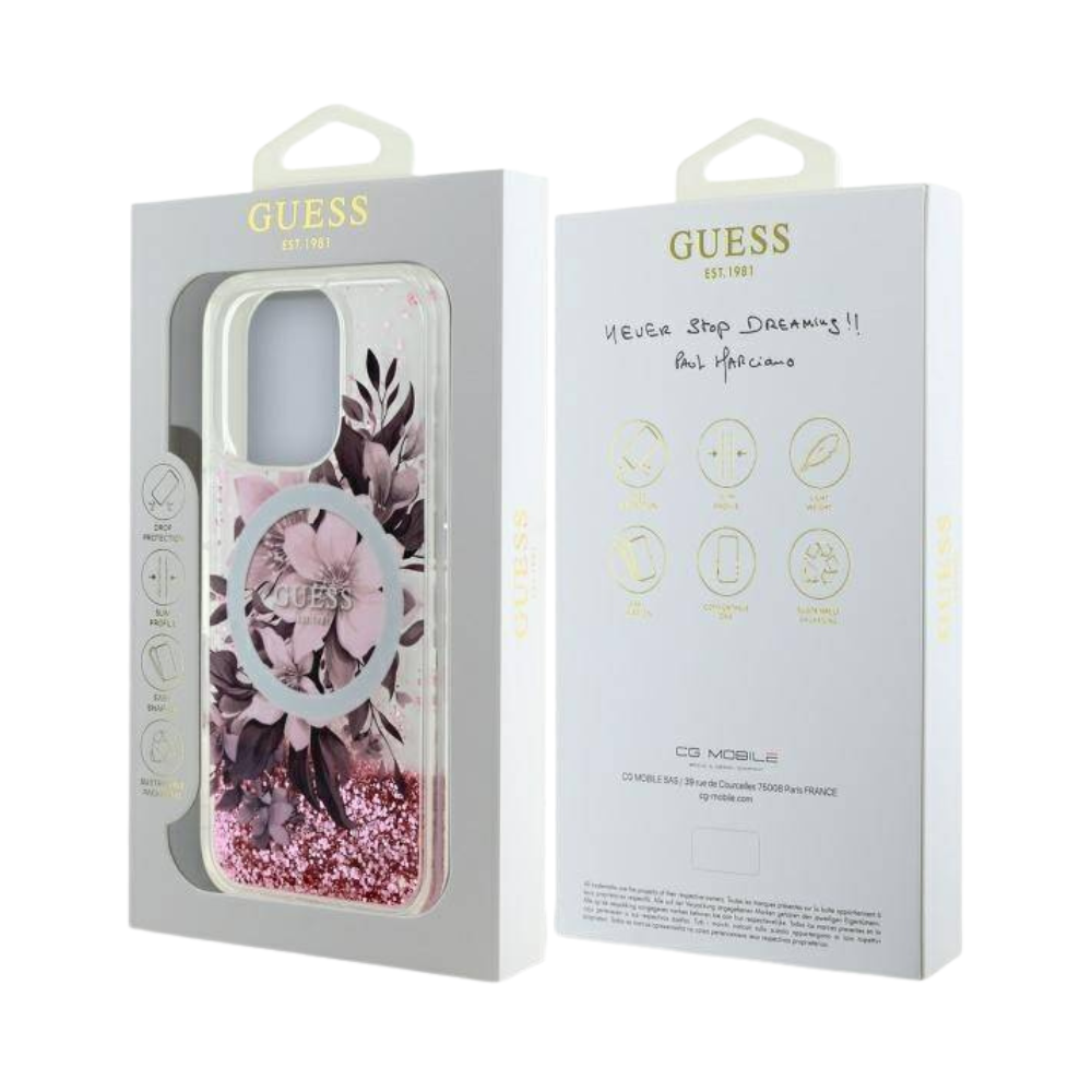 Estuche GUESS Hc MagSafe Glitter Flower Pink para iPhone 16 Pro - 0760000008