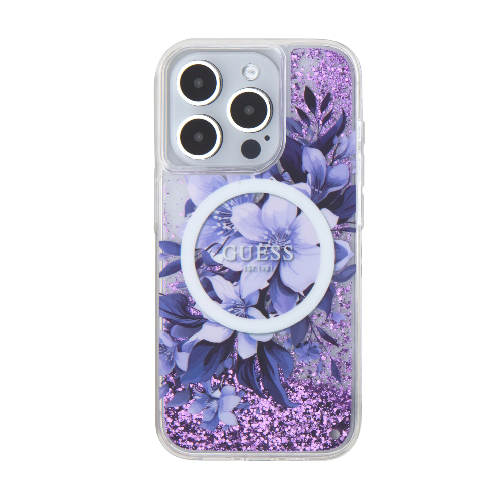 Estuche GUESS Hc MagSafe Liq. Glitter Flower Purple para iPhone 16 Pro Max - 0760000027
