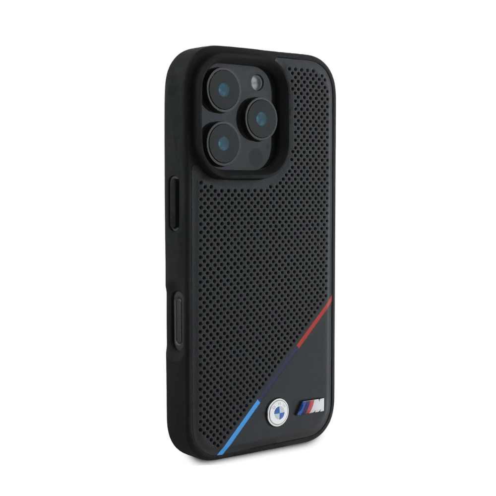 BMW hc m magsafe pu perforated tricolor line black iphone 16 pro