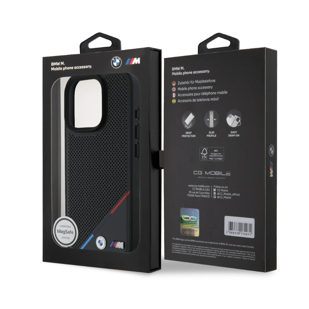 BMW hc m magsafe pu perf. tricolor printed stripes black iphone 16 pro