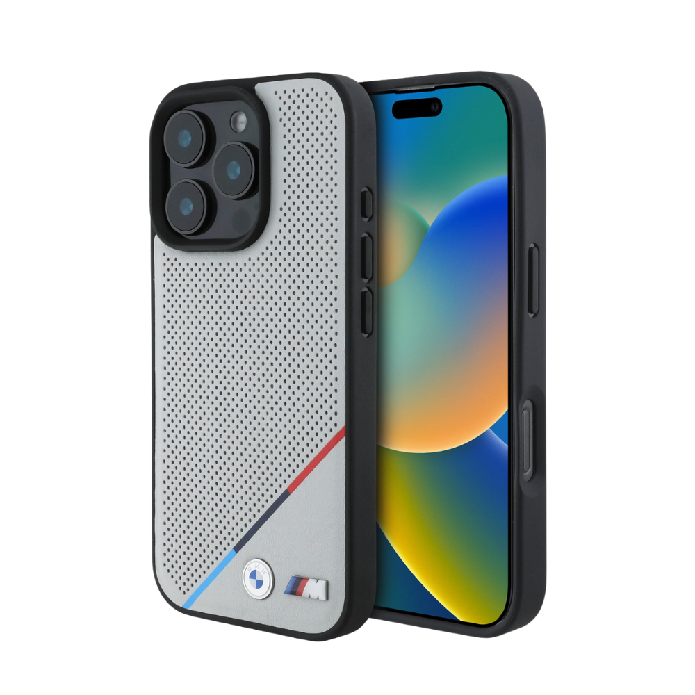 BMW hc m magsafe pu perforated tricolor line grey iphone 16 pro max