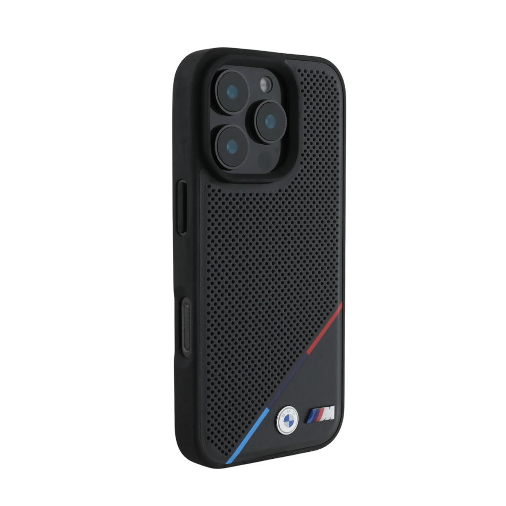 BMW hc m magsafe pu perforated tricolor line black iphone 16 pro max