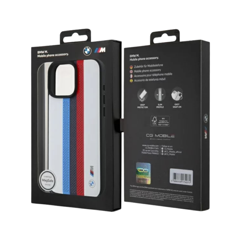 BMW hc m magsafe pu perf. tricolor printed stripes white iphone 16 pro max