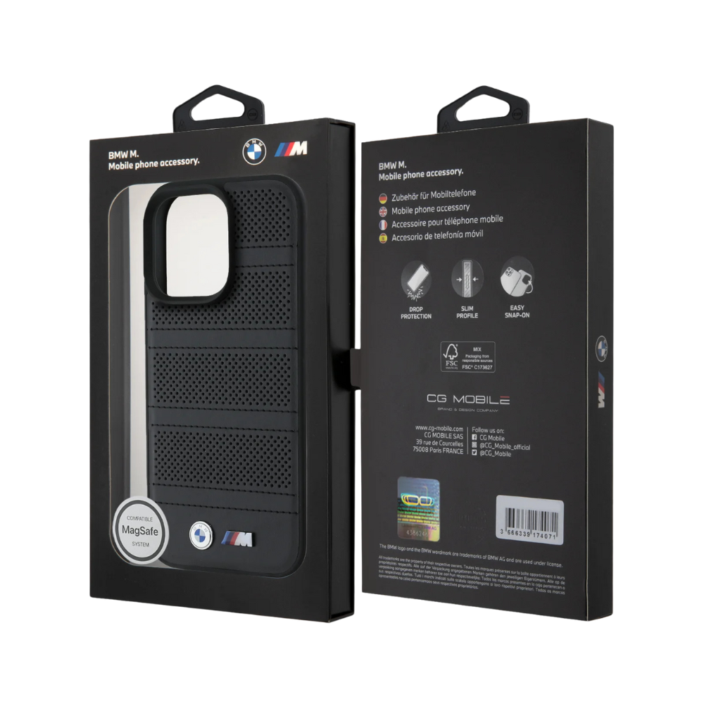 BMW hc m magsafe pu perforated and stitched lines black iphone 16 pro max