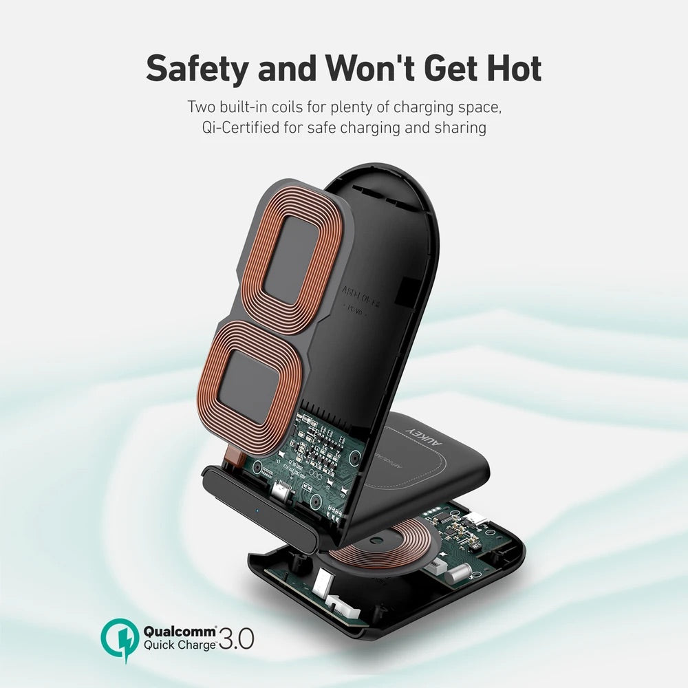 Cargador aukey inalambrico 2 in 1 wirelesfast (bk / wh) color negro