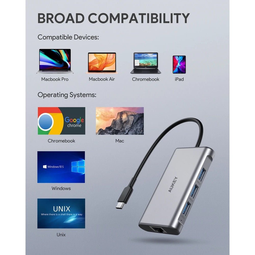 Adaptador aukey hub 8 en 1 con usb c para tablet o computadora - TOP MOVIL