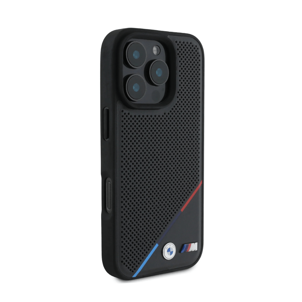 BMW hc m magsafe pu perforated tricolor line black iphone 16 pro - TOP MOVIL