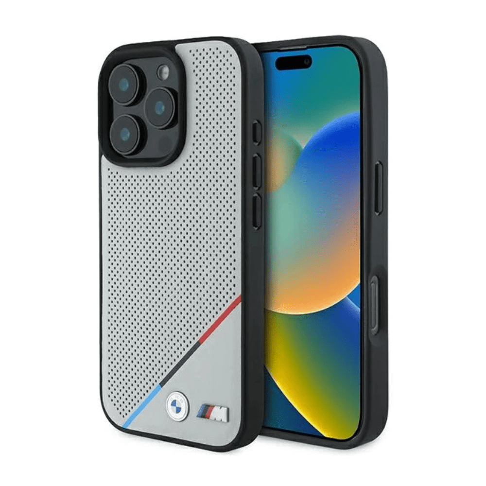 BMW hc m magsafe pu perforated tricolor line grey iphone 16 pro - TOP MOVIL