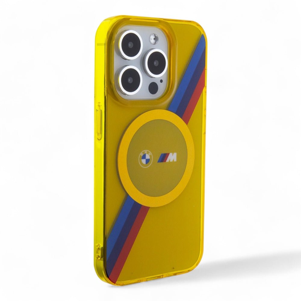Estuche bmw hc magsafe m tricolor stripes yellow iphone 15 pro max color amarillo - TOP MOVIL
