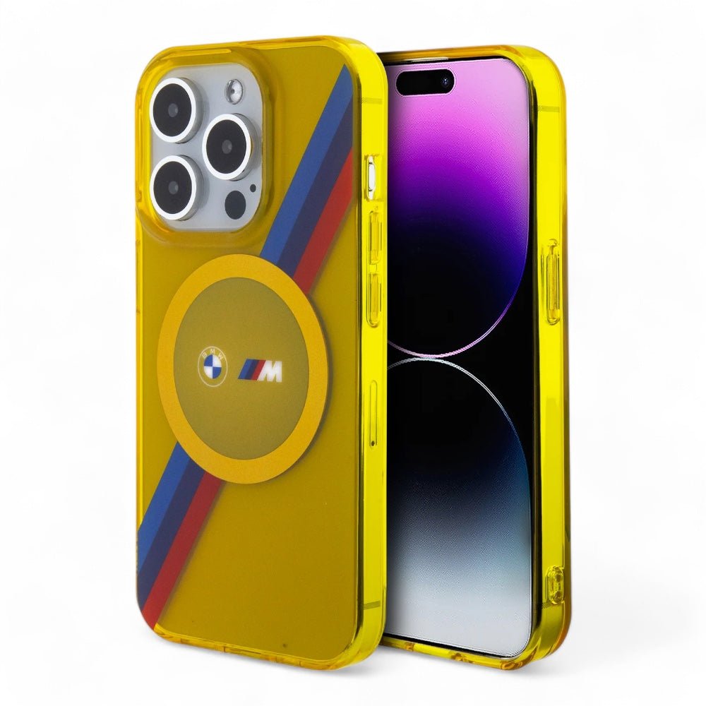 Estuche bmw hc magsafe m tricolor stripes yellow iphone 15 pro max color amarillo - TOP MOVIL