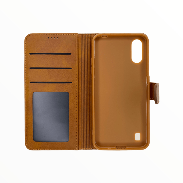 Estuche carteras lc imeeke folio libreta con porta tarjeta samsung a01 color cafe - TOP MOVIL