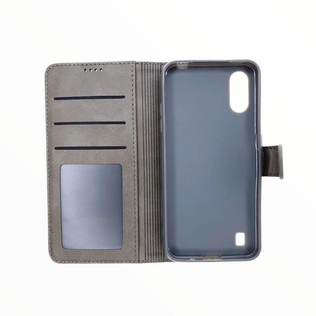 Estuche carteras lc imeeke folio libreta con porta tarjeta samsung a01 color gris - TOP MOVIL