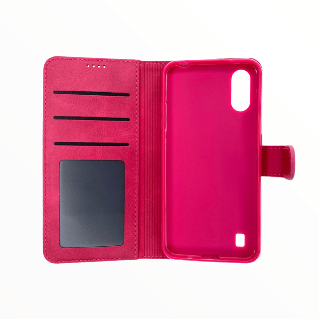Estuche carteras lc imeeke folio libreta con porta tarjeta samsung a01 color rosado - TOP MOVIL