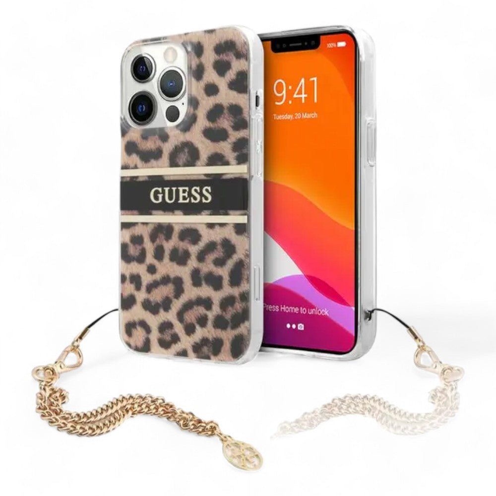 Estuche guess hard case iphone 13 pro hard case leopard print leopard print and stripe with charm chain color multicolor - TOP MOVIL