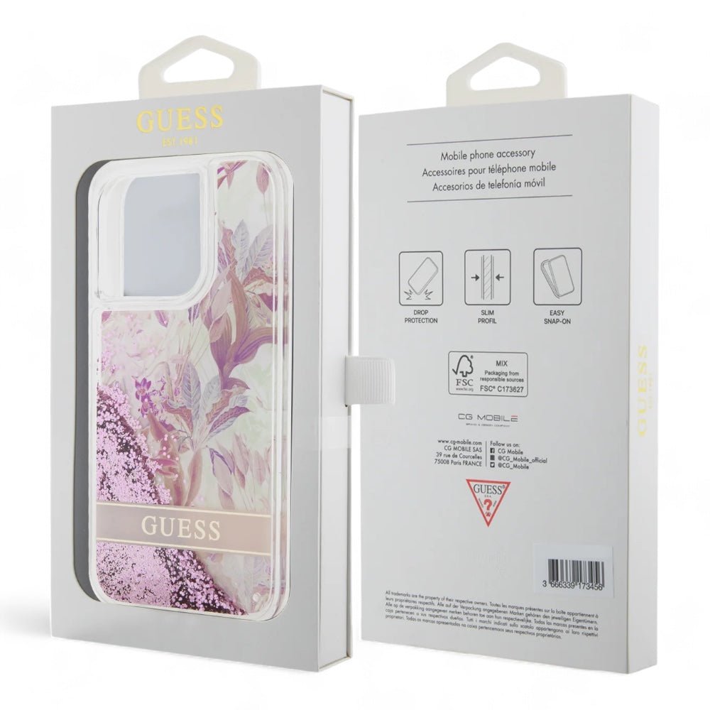 Estuche guess hard case iphone 15 pro pc/tpu pink hard case liquid glitter flower - guess color transparente - TOP MOVIL