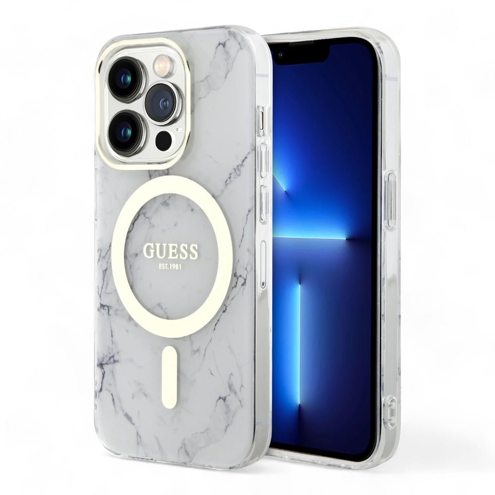 Estuche guess magsafe iphone 15 pro - pc/tpu white hard case magsafe iml marble color transparente - TOP MOVIL