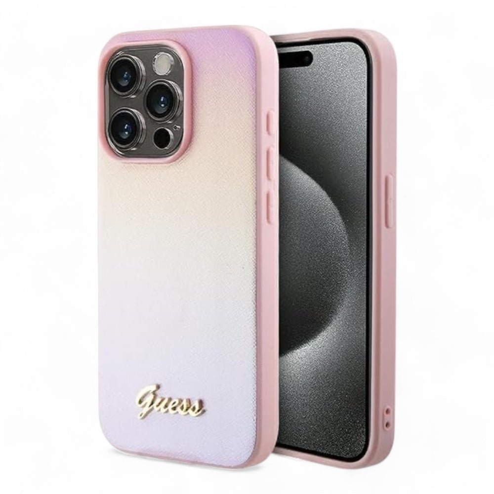 Estuche guess pu saffiano iridescent script iphone 15 pro max color rosado - TOP MOVIL