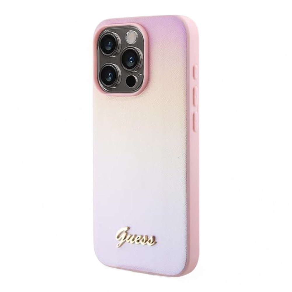 Estuche guess pu saffiano iridescent script iphone 15 pro max color rosado - TOP MOVIL