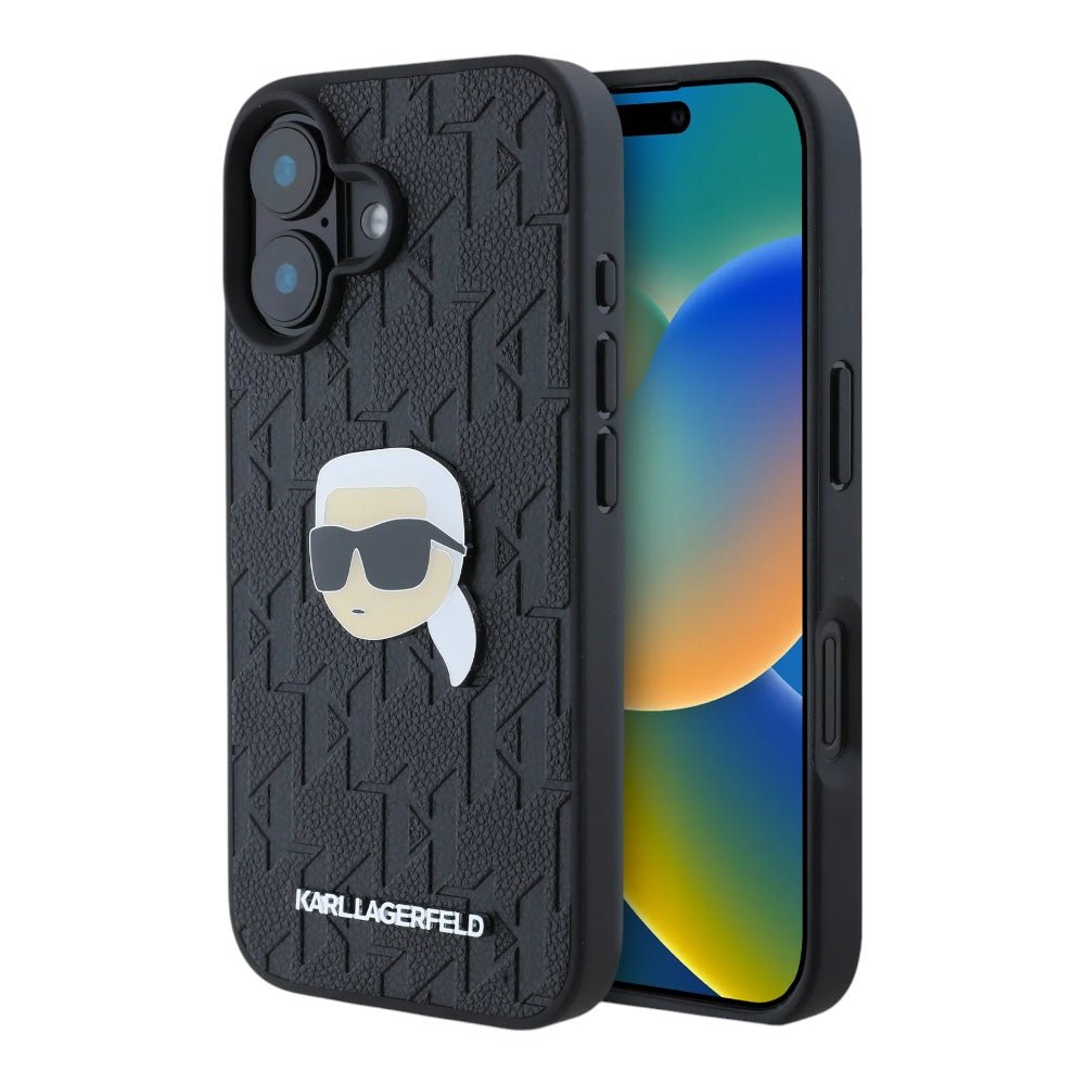 Estuche karl lagerfeld skin iphone 16 karl hc pu monogram k. head pin color negro - TOP MOVIL