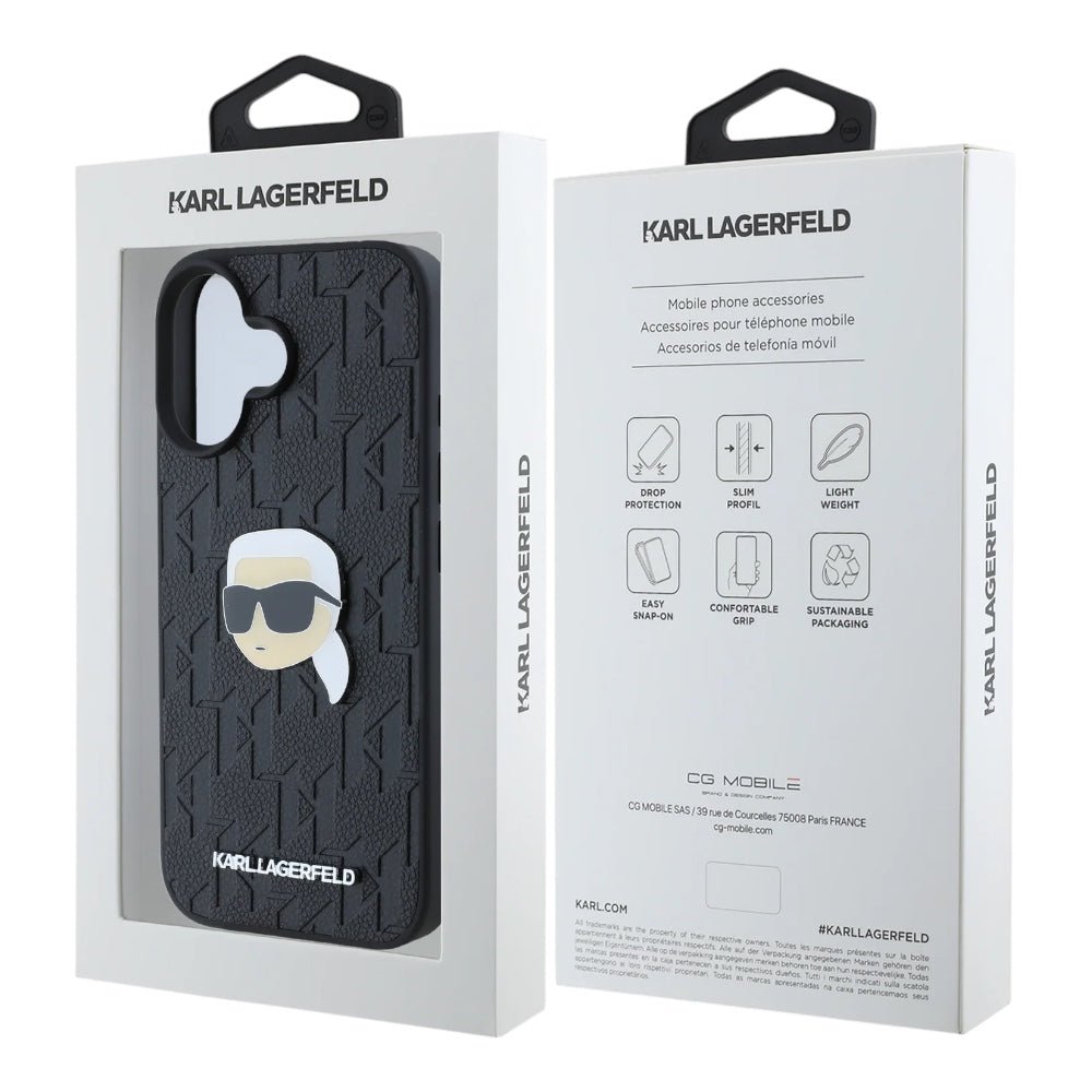 Estuche karl lagerfeld skin iphone 16 karl hc pu monogram k. head pin color negro - TOP MOVIL