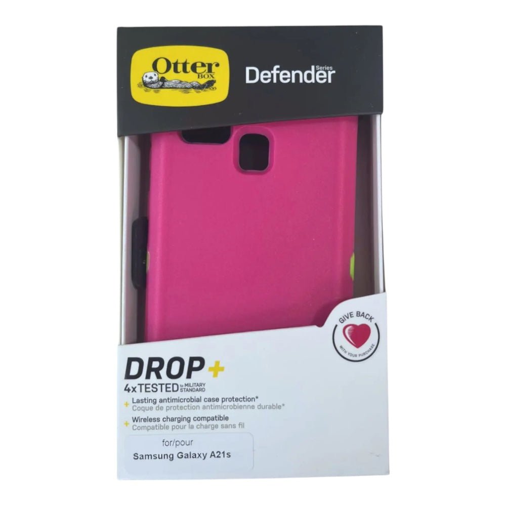 estuche proteccion otterbox defender samsung a21s color rosado / verde - TOP MOVIL