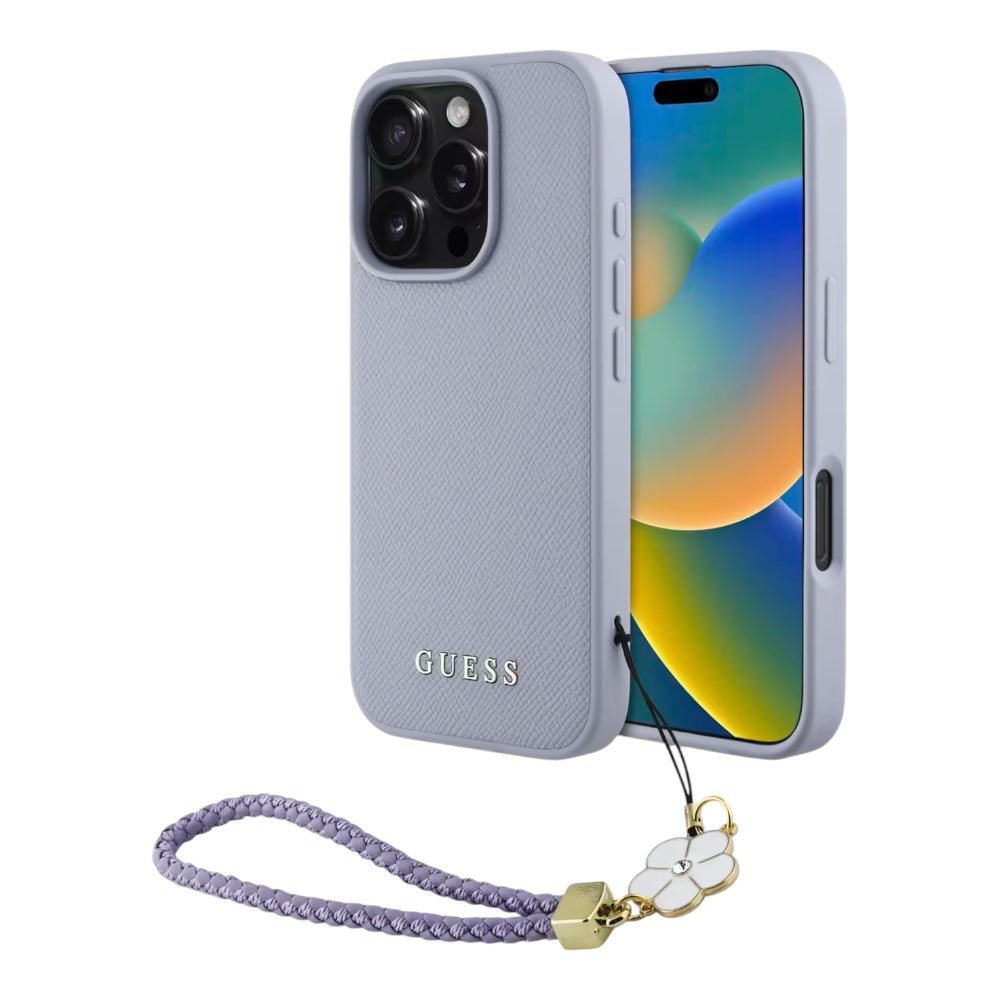 Guess hc magsafe grained pu w/flower charm strap purple iphone 16 pro - TOP MOVIL