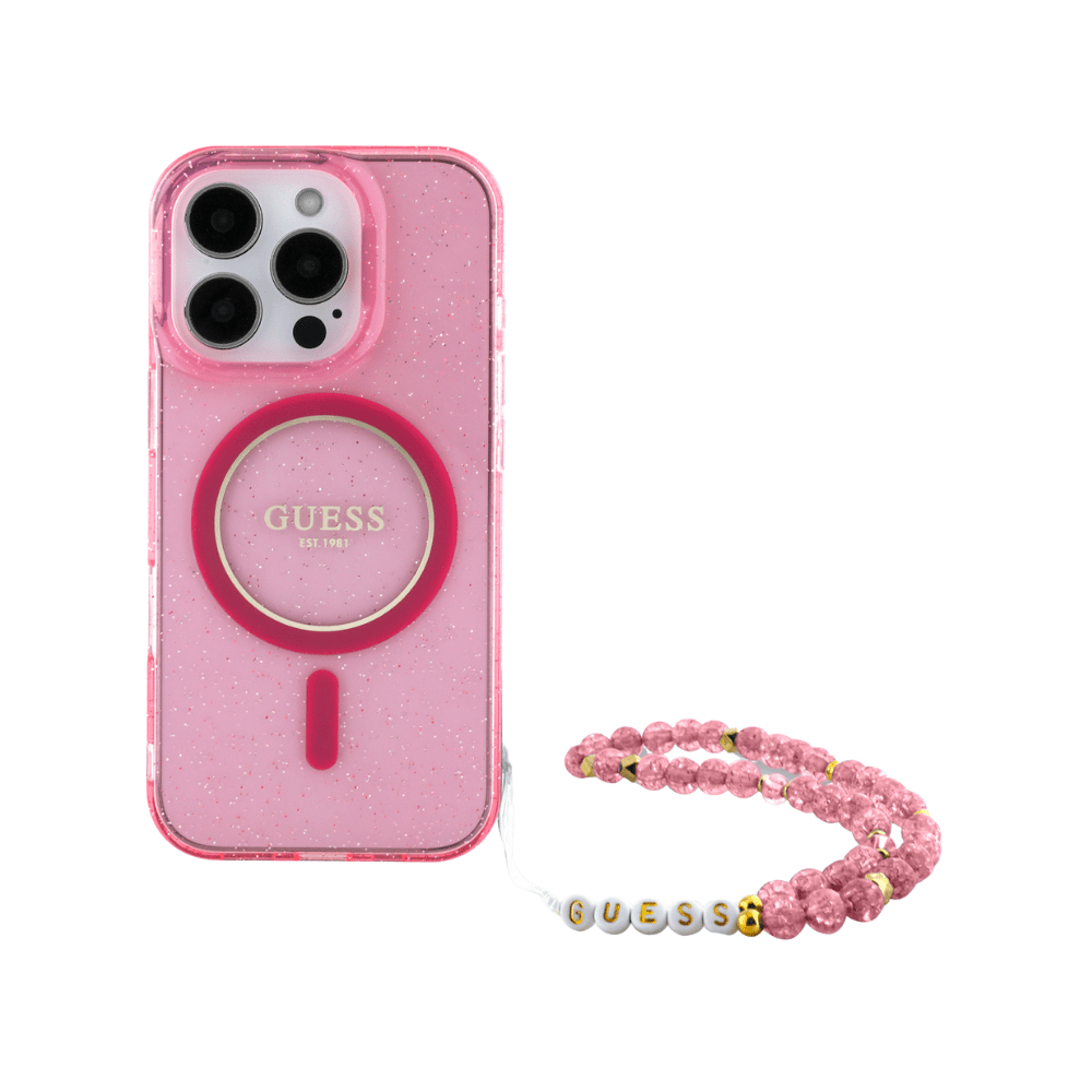 Guess hc magsafe iml glitter with pearl strap pink iphone 16 pro max - TOP MOVIL
