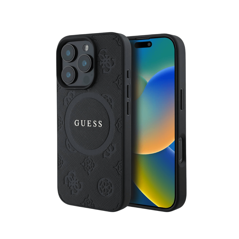Guess hc magsafe saffiano peony classic logo black iphone 16 pro - TOP MOVIL