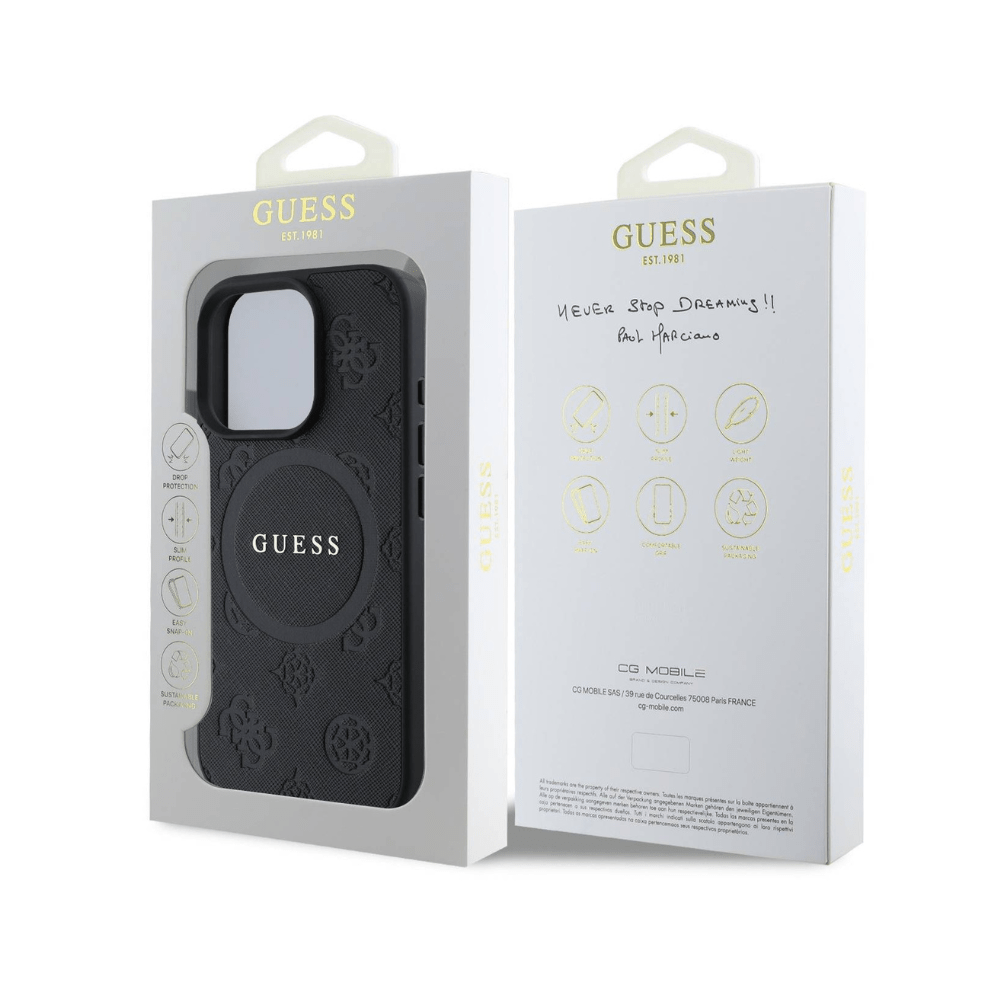 Guess hc magsafe saffiano peony classic logo black iphone 16 pro - TOP MOVIL