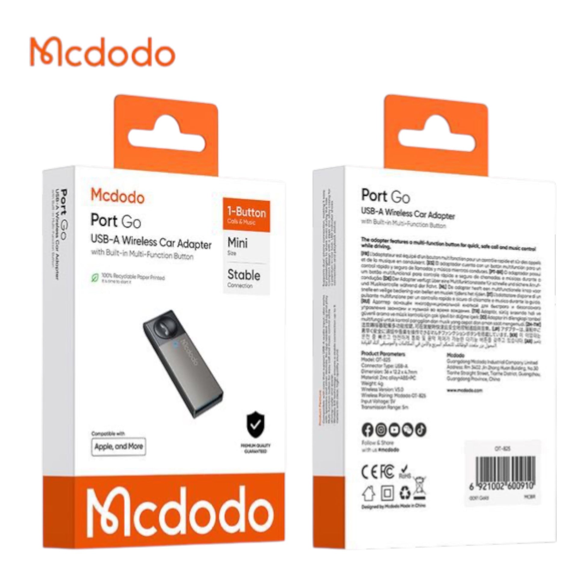 McDodo OT-8250 Adaptador Inalámbrico USB-A para Carro | TOP MOVIL Guatemala