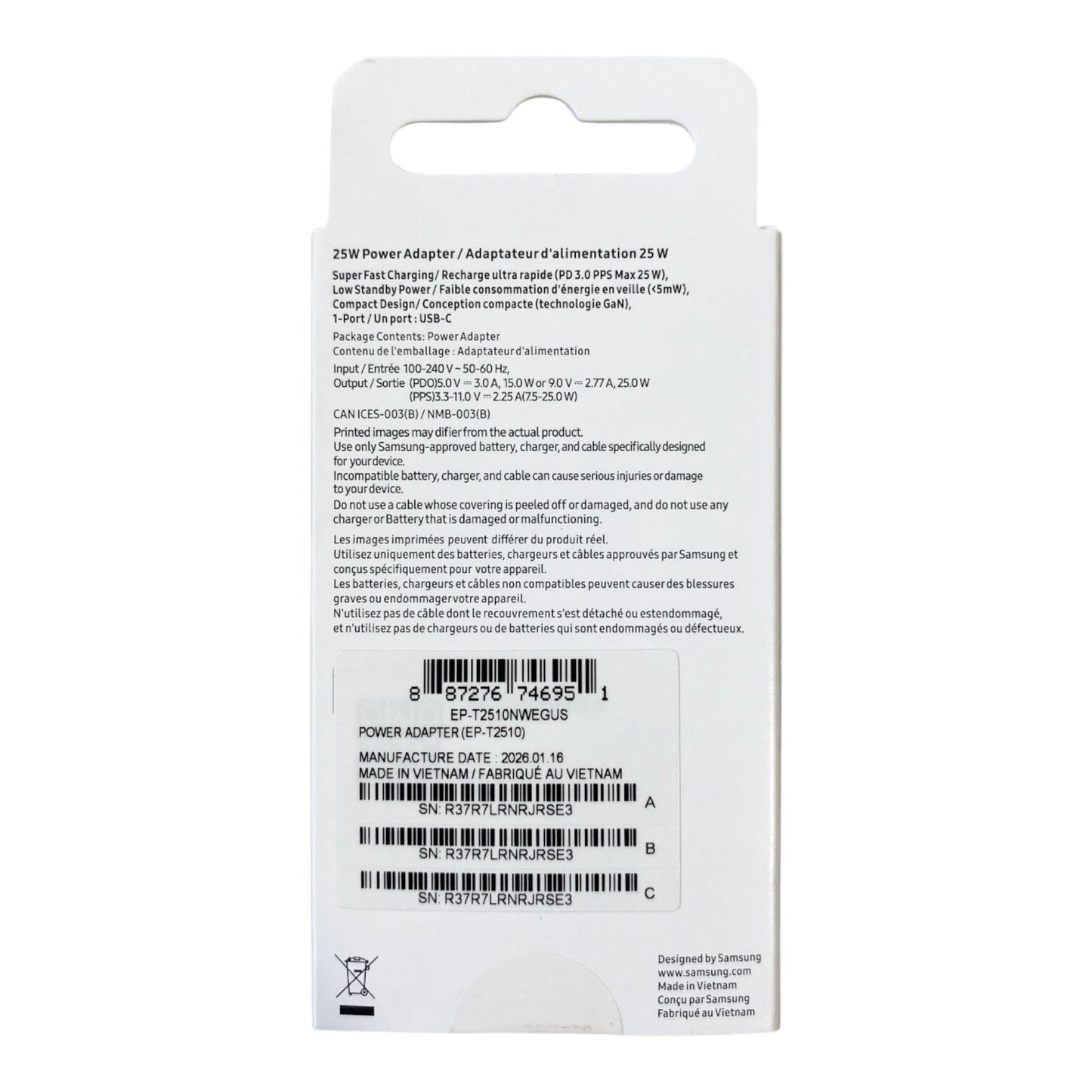 Cargador Samsung Cargador de Pared 25w Blanco (ep-ts2519) con Empaque Retail