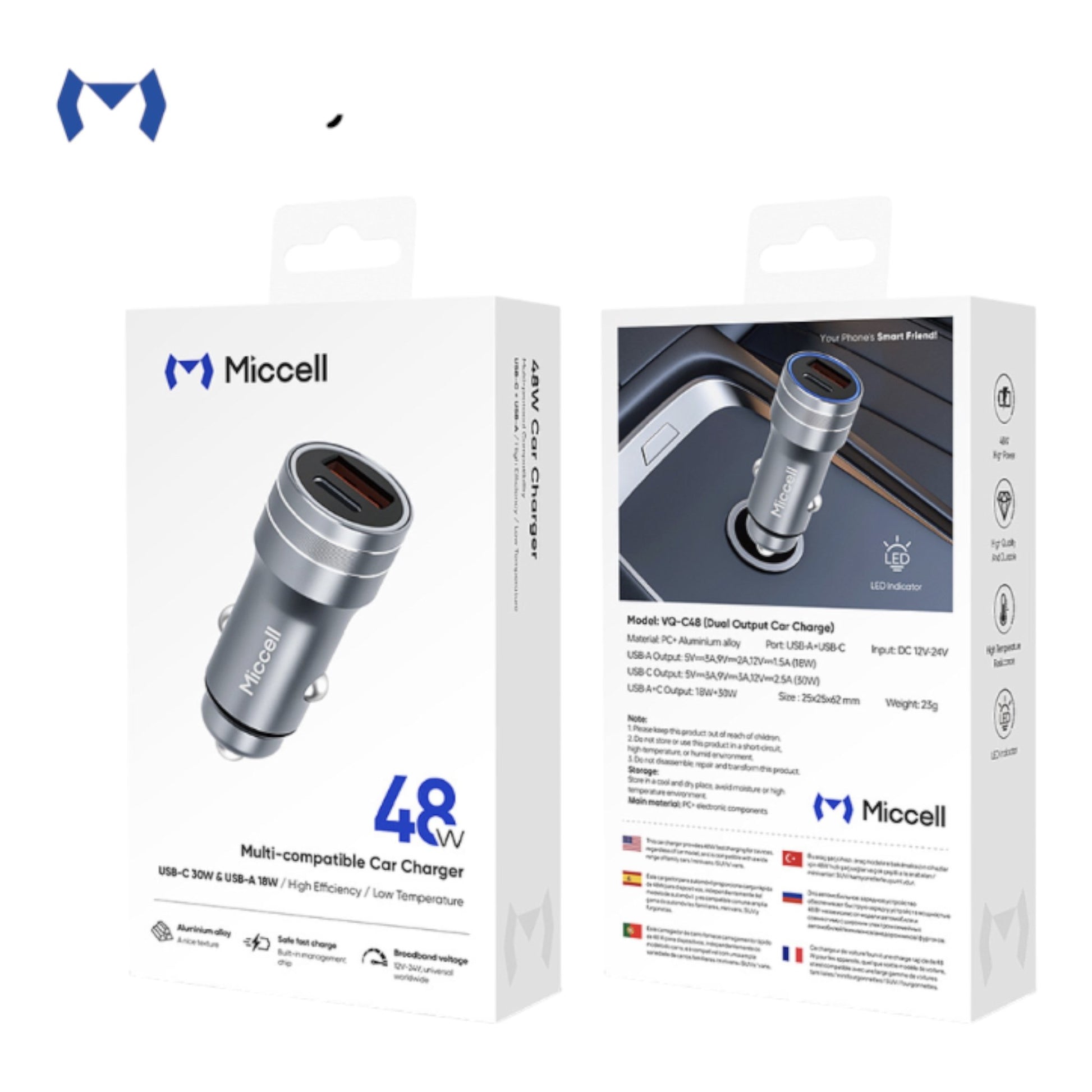 Cargador Miccell de carro gris USB-C 48W multi compatible