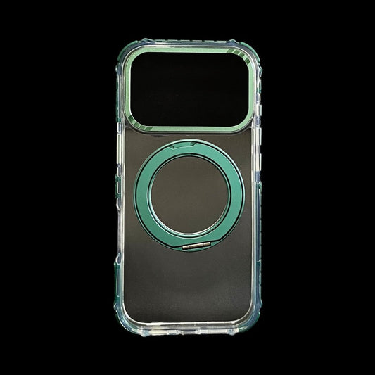 Estuche El Rey Magstand iphone 17 pro Magsafe transparente borde verde